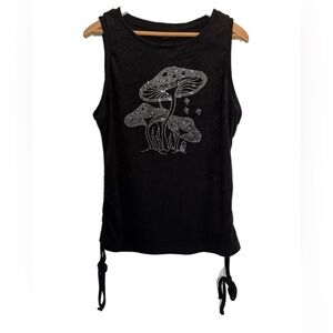 Cider sleeveless black velour top w/ rhinestone mushroom & adjustable sides